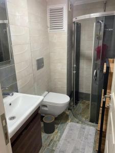 恰纳卡莱Şehir Merkezinde,Dublex apartman的浴室配有卫生间、盥洗盆和淋浴。