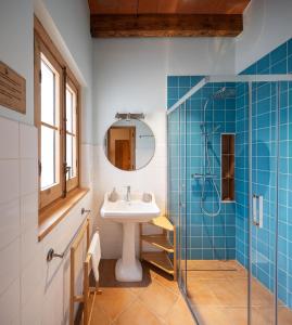 San Vicente de TorellóCan Passarells的一间带水槽和淋浴的浴室
