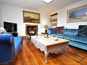 Ystrad-ffin3 Bed in Llandovery 76381的客厅设有蓝色的沙发和壁炉