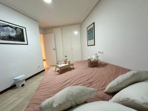 阿利坎特Moderna habitación en el corazón de Alicante的一间卧室配有一张大床、枕头和桌子