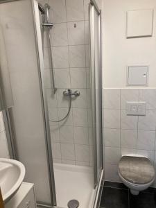 耶拿Home- Alt-Winzerla的带淋浴、卫生间和盥洗盆的浴室