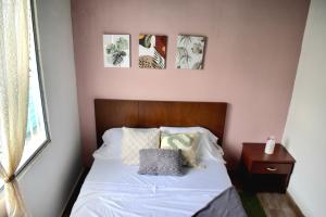 布埃纳文图拉Casa Colinas的卧室配有一张墙上三幅照片的床