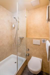 维尔德斯韦尔阿尔卑斯玫瑰酒店及花园的带浴缸、卫生间和淋浴的浴室。