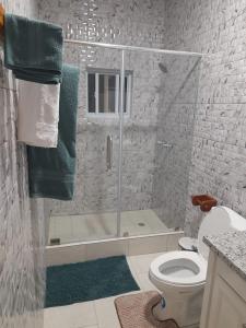 苏弗里耶尔Majestic Ridge Villas的带淋浴、卫生间和绿毛巾的浴室