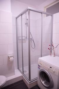 埃森Stilvolles Appartement zwischen Messe und HBF的浴室内配有淋浴和洗衣机。