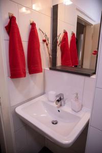 埃森Stilvolles Appartement zwischen Messe und HBF的浴室设有挂在水槽上方的红色毛巾