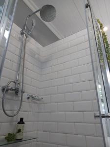GqeberhaTiny Home on Broadway的浴室铺有白色瓷砖,设有淋浴。