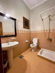 达哈布Black Prince Hotel的浴室配有盥洗盆、卫生间和浴缸。