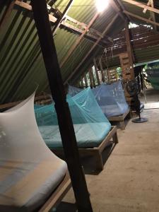 莱蒂西亚Xingú Camping Site的帐篷间内的一组床位