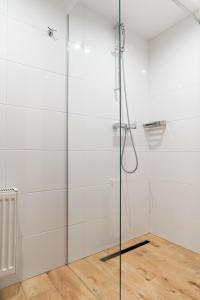 海乌姆诺APARTAMENT PRZY RYNKU II的一间房间里带玻璃门的淋浴