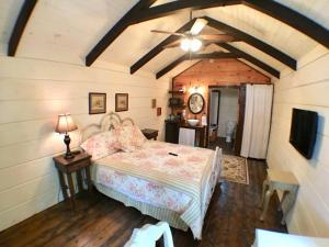 赛维尔维尔Tiny Home Cottage Near the Smokies #8 Helga的一间卧室配有一张床和吊扇