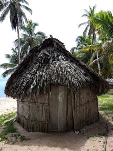 WarsobtuguaCabañas tradicionales en isla Aroma的海滩上带草屋顶的小屋