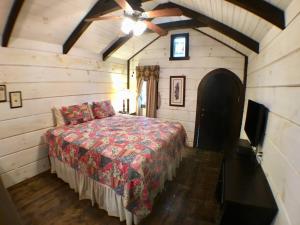 赛维尔维尔Tiny Home Cottage Near the Smokies #11 Mina的一间卧室配有一张床和吊扇