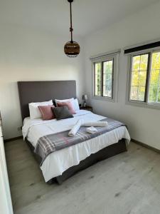 迪拜Charming villa w/ private garden的卧室配有一张带粉红色枕头的大床