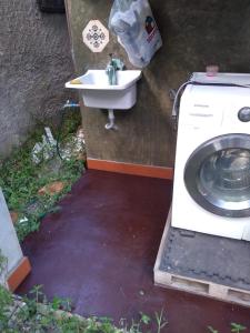 阿鲁雅Pousada Sol de Primavera的洗衣机以及位于庭院内的盥洗池。