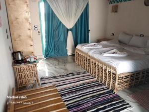 Naj‘ TinjārMiskaa Nubian House的一间卧室设有两张床和窗户。