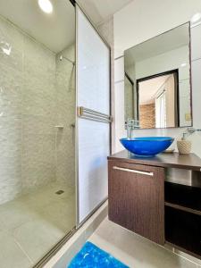 辛塞莱霍HELENE HOUSE的一间带蓝色碗水槽和淋浴的浴室