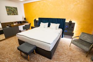 蒂米什瓦拉ATLAS Hotel的一间卧室配有一张床、一张桌子和一把椅子