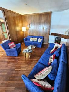 布勒伊-切尔维尼亚Cervino 1865 - Family House的客厅配有蓝色的沙发和蓝色的沙发