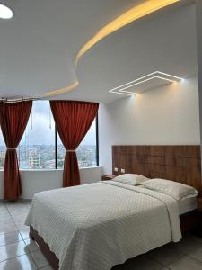 圣多明各德洛斯科罗拉多斯Hotel Torre Azul的一间卧室设有一张床和一个大窗户