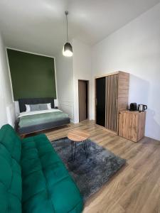 克卢日-纳波卡Homeland Center Cluj的一间卧室配有一张床和一张绿色沙发