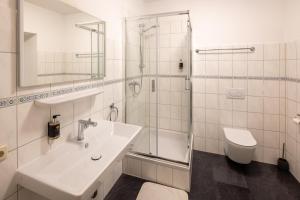 梅明根Hotel Schwanen的一间带水槽、淋浴和卫生间的浴室
