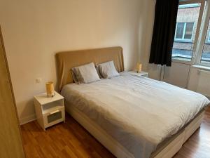 布鲁塞尔Appartement rénové的一间卧室配有一张床、床头柜和窗户