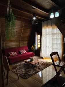 上大瓦尔任Chalé de Madeira em Vargem Alta的客厅配有红色的沙发和桌子