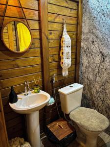 上大瓦尔任Chalé de Madeira em Vargem Alta的一间带卫生间和水槽的浴室