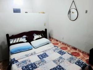 尼泰罗伊STUDIO NITERÓI-BARCAS的卧室配有一张床,墙上设有镜子