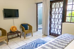 圣卢西亚African Dreamz Guest House的一间卧室配有一张床、一台电视和一扇门