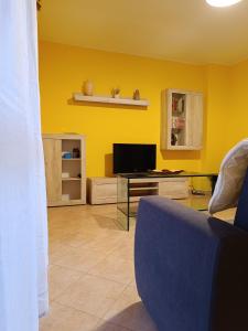 博洛尼亚Cà Savoia的客厅设有黄色的墙壁和电视。