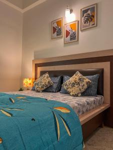 安君纳Arzu Homes的一间卧室配有一张带蓝色棉被和枕头的床