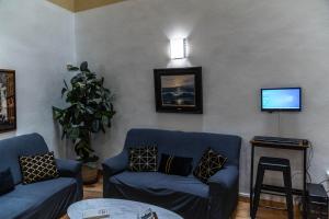 格拉纳达格拉纳达中心酒店的客厅配有2张蓝色沙发和电视