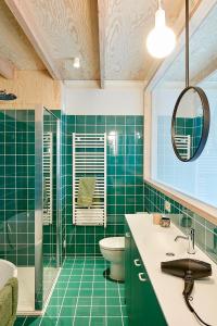 VarsenareEvaMaria的绿色瓷砖浴室设有卫生间和水槽