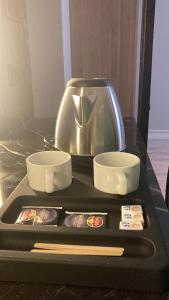 伊斯坦布尔Cevvo Hotel的茶壶和两个杯子放在炉灶上