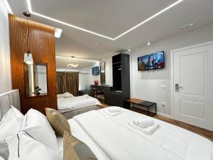 戈里察Vila Lordev的酒店客房设有两张床和一台墙上的电视。