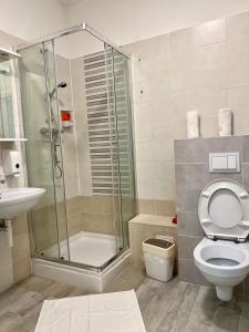 萨格勒布Appa Hostel的带淋浴、卫生间和盥洗盆的浴室