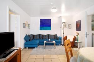 瓦瑟堡Haus Loser的客厅配有蓝色的沙发和桌子