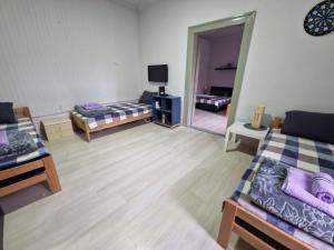 贝尔格莱德Downtown Belgrade Homestay的大房间设有两张床和镜子