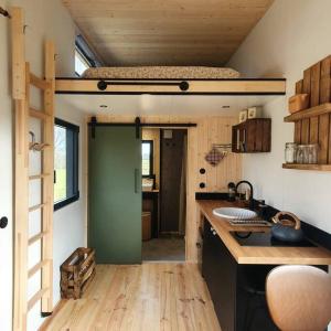 Tiny House nature proche Montargis - 1h de Paris !的一间小房子里的厨房,配有高架床