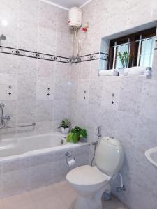 瓦尔卡拉Surendram Villa的浴室配有卫生间、浴缸和水槽。