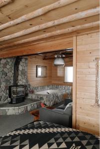 大熊湖2401 - Oak Knoll Studio with Jacuzzi #2 cabin的小屋内带石头壁炉的客厅