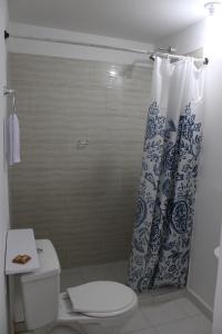 麦德林Absolute Hotel & Hostel Boutique的一间带卫生间和淋浴帘的浴室