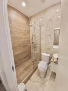 雅典Real City Suites Syntagma的一间带卫生间和玻璃淋浴间的浴室