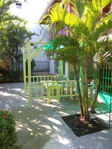 博卡斯德尔托罗Hostal Hansi的一个带桌子和棕榈树的庭院