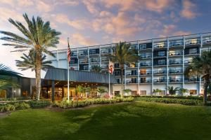 可可比奇Hilton Garden Inn Cocoa Beach-Oceanfront, FL的前面有棕榈树的酒店