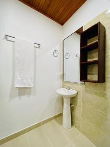 圣何塞德尔瓜维亚雷De Greiff House的浴室设有白色水槽和镜子
