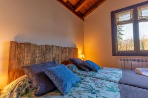 龙卡尔Arpetxea casa rural的一间卧室配有一张带蓝色枕头的床和一扇窗户。