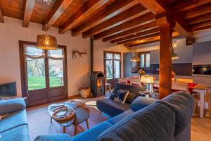 龙卡尔Arpetxea casa rural的客厅设有蓝色的沙发和壁炉